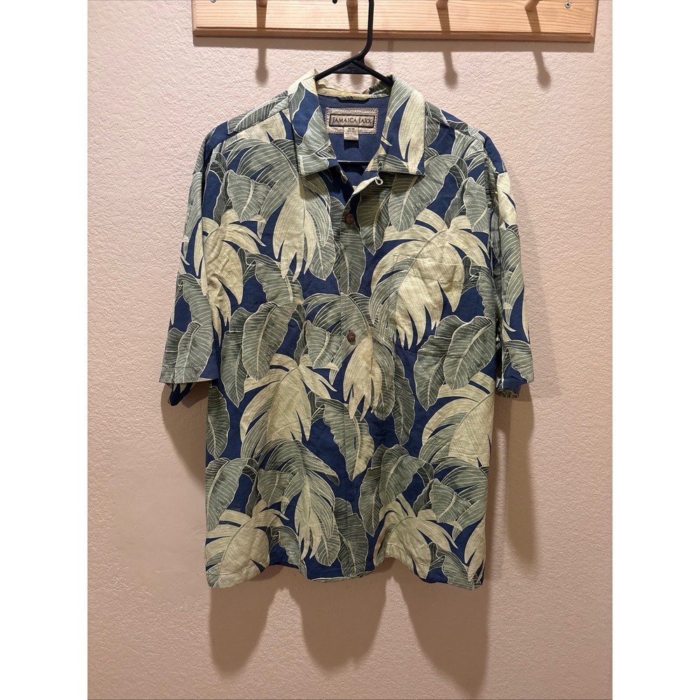 Jamaica Jaxx Mens Medium Silk Aloha Shirt Blue Green Palm Leaf Tropical GPU#005